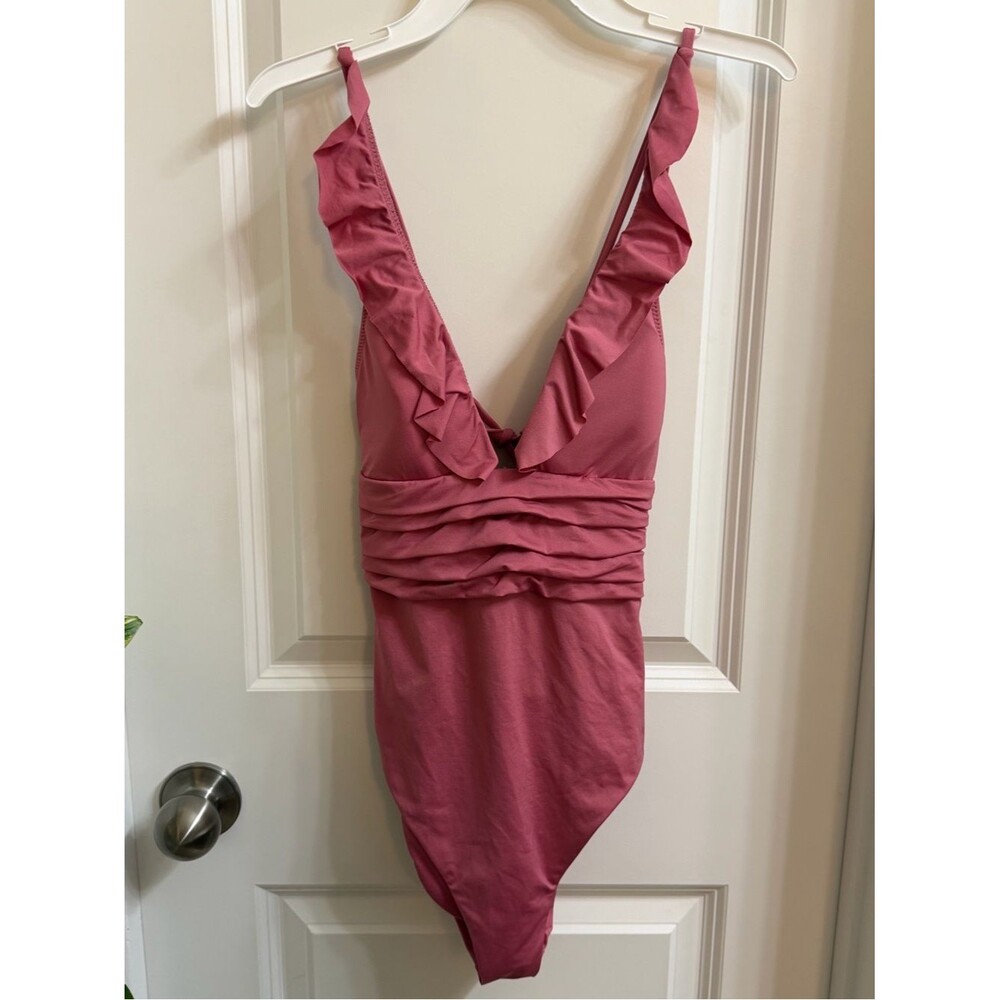 Soluna Swim Women’s One-Piece Swimsuit W/Ruffled Deep V in Dusty Rose Size Med